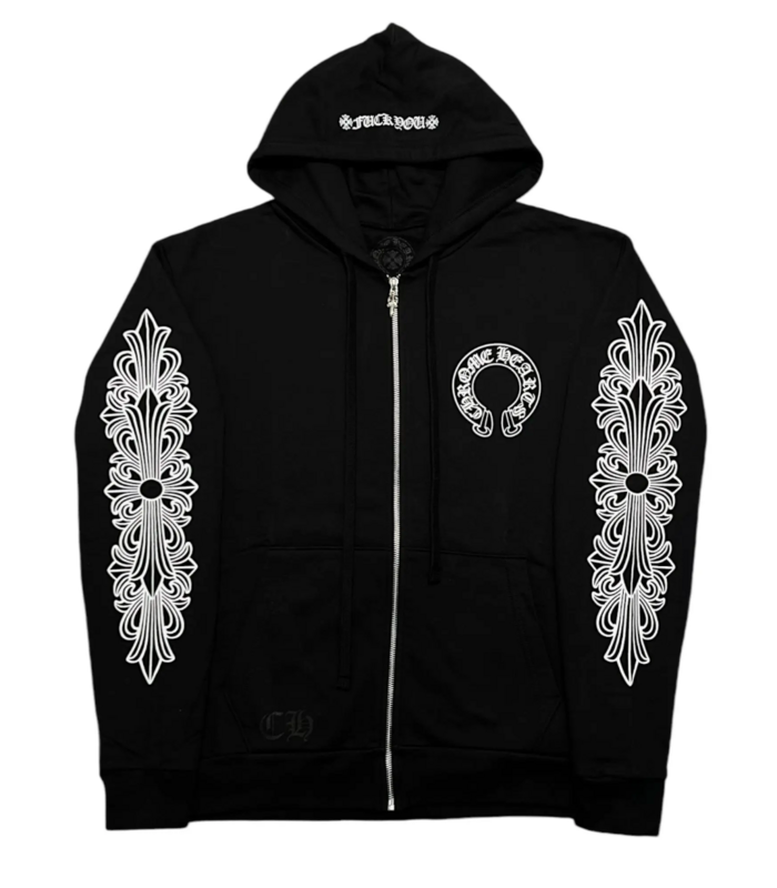 Chrome Hearts Horseshoe Floral Zip-Up Hooded Sweatshirt Black