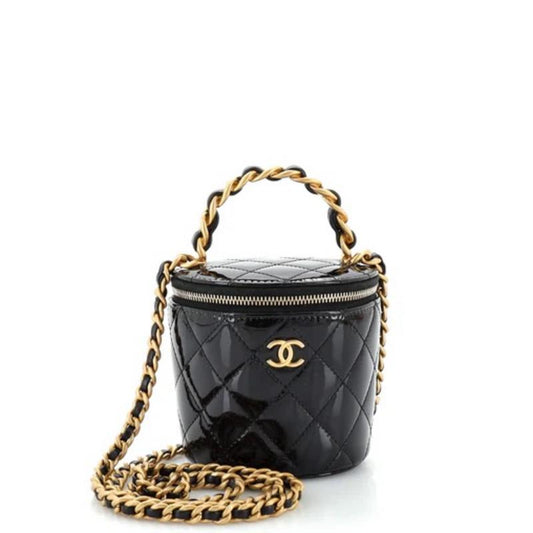 Chanel Woven Chain Top Handle Vanity Bucket Bag Quilted Patent